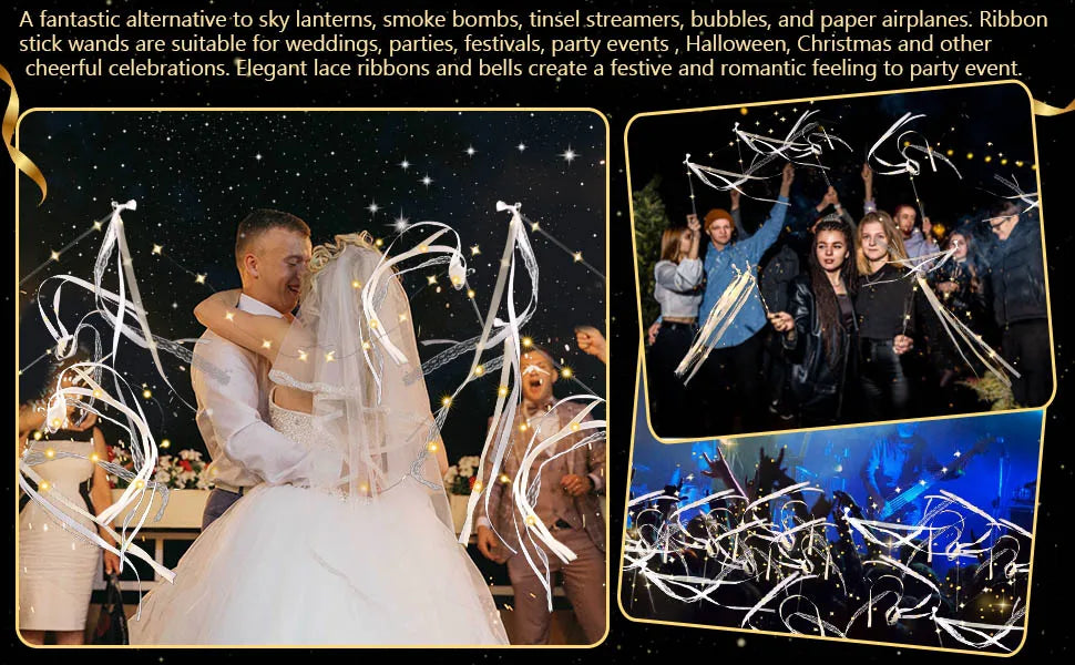 20-60Pcs Light up Wedding Wands LED Ribbon Wands Sparklers with Bells, Wedding Exit Send Off, Dance Floor Props, Wedding Favors