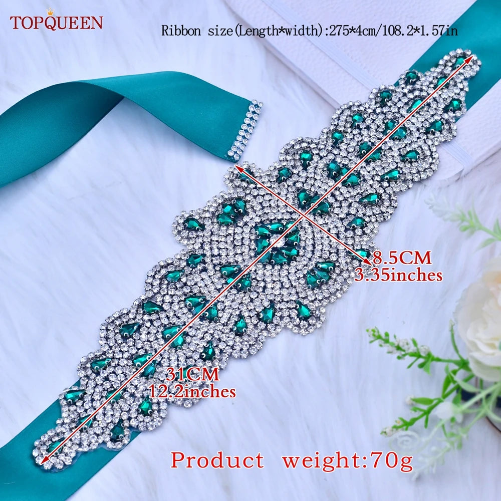 TOPQUEEN Multiple Styles Green Belt With Diamonds Bridal Wedding Accessories Rhinestone Women'S Dresses Evening Girdles S30