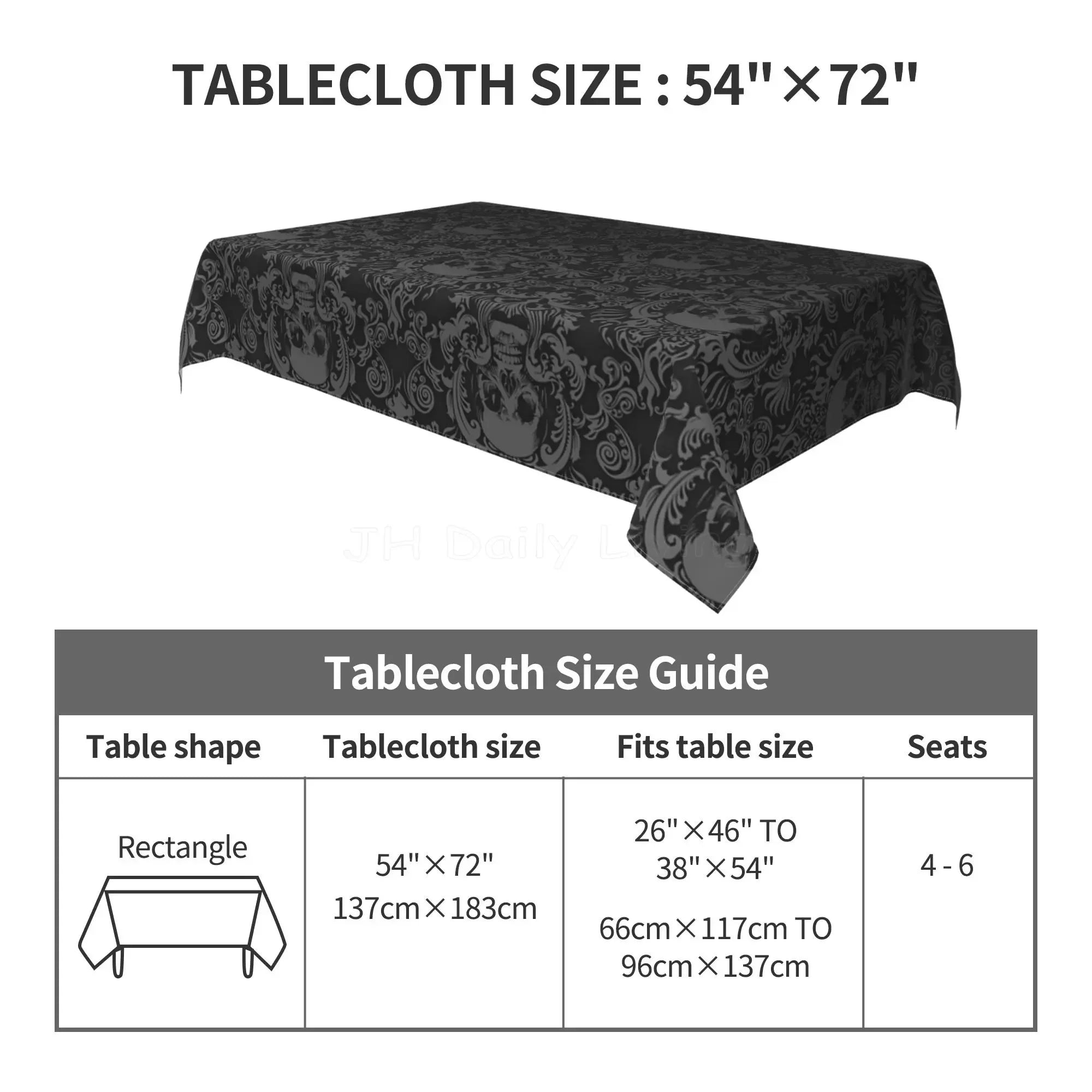 Nappe rectangulaire noire tête de mort gothique avec motif floral en polyester lavable pour cuisine, fête, pique-nique et salle à manger