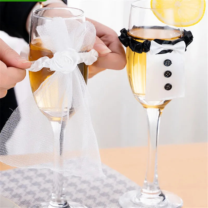 Lot de 2 nœuds papillon pour mariée et marié, décor de verres à vin pour fête de mariage