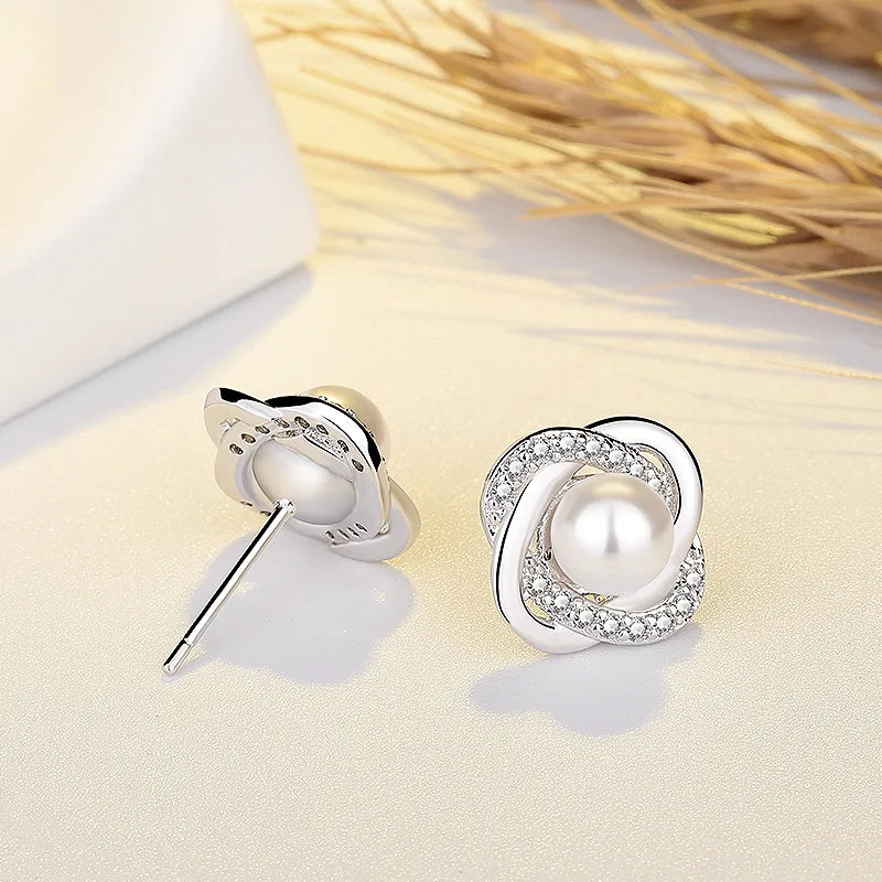 Boucles d'oreilles clous perle et zircon 5A — Bijoux de mariée en argent sterling 925