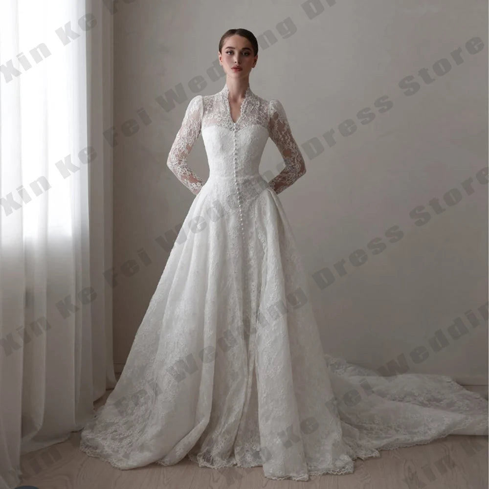Robes de mariée musulmanes élégantes à col haut et manches longues pour femmes, robes de mariée de princesse, robes de soirée formelles, robes de mariée personnalisées