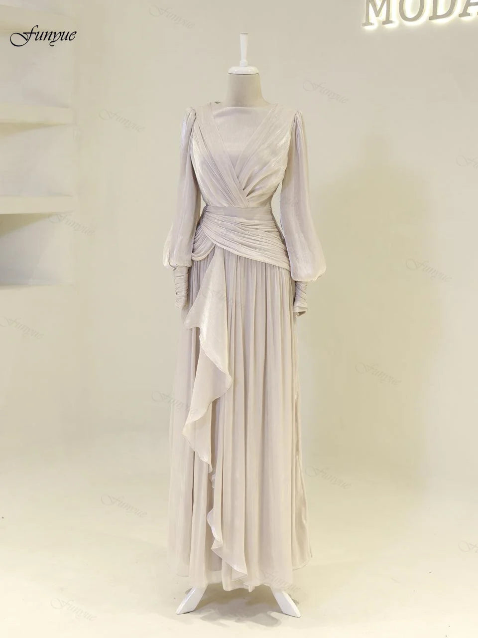 Robes de soirée musulmanes personnalisées élégantes pour femmes, en mousseline avec volants, manches longues, pour invités de mariage, robe de soirée formelle