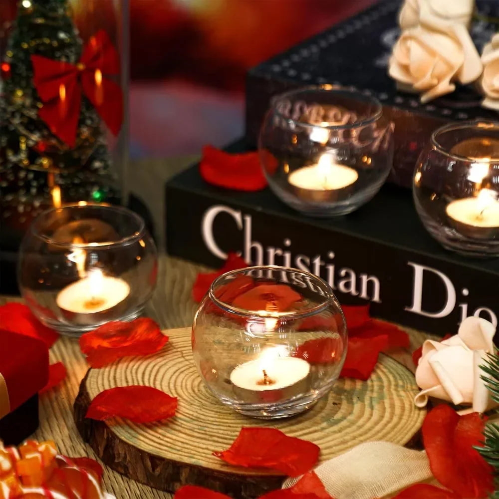 6Pcs Round Votive Candle Holders Glass Tealight Candle Holder Cup with LED Candles for Valentine's Day, Birthday Wedding Decor