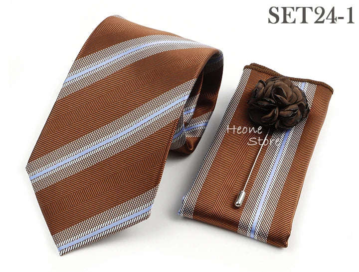 Men's Striped Necktie, Pocket Square & Brooch Set | Groom & Groomsmen Wedding Accessory