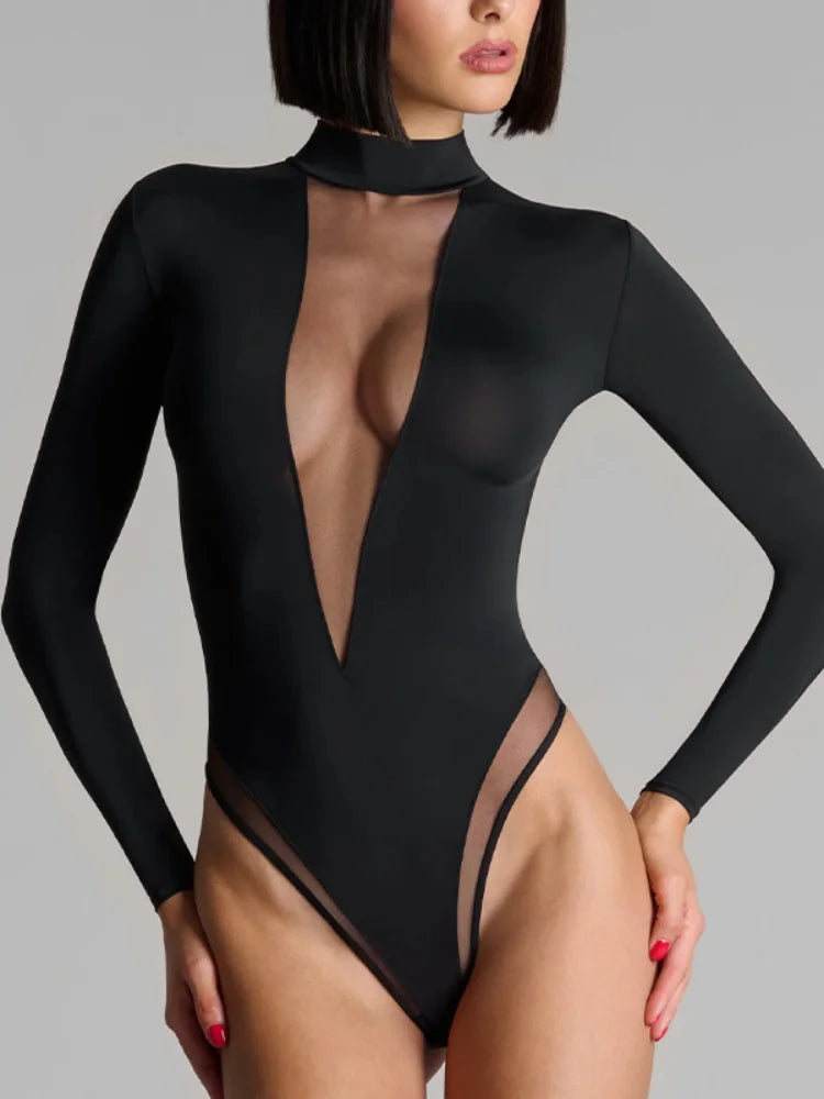 Body bustier femme sexy slim en dentelle de couleur unie à manches longues style européen et américain pour le printemps et l'automne