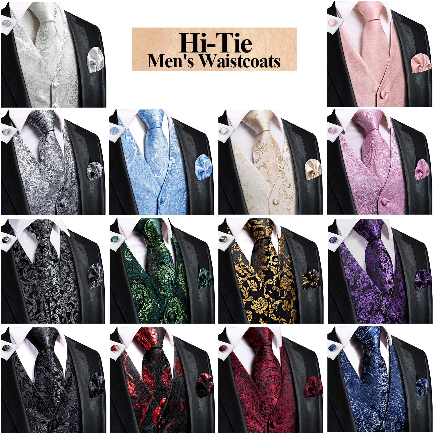 Gilets de costume en soie Hi-Tie pour homme, 4 pièces, tissés, vert sauge uni, gilet, cravate, pochette, boutons de manchette, pour affaires, mariage, robe, veste de taille