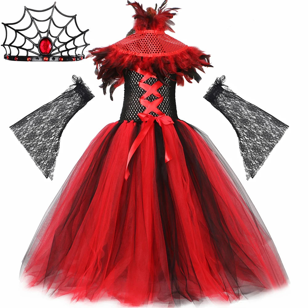Robe Tutu en Tulle Reine Maléfique Sorcière Vampire Démon Gothique pour Filles, Robe Longue de Fête de Carnaval d'Halloween pour Enfants, Tenues de Déguisement
