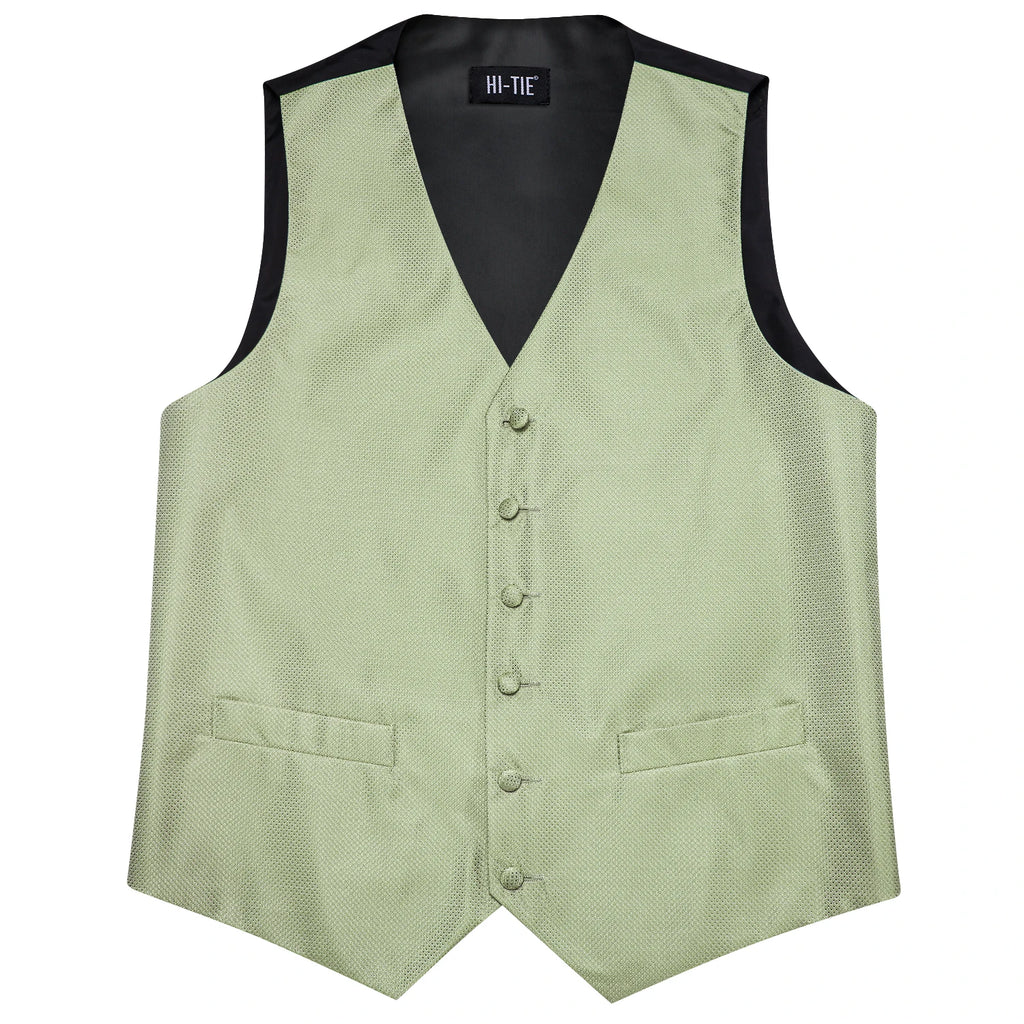 Gilets de costume en soie Hi-Tie pour homme, 4 pièces, tissés, vert sauge uni, gilet, cravate, pochette, boutons de manchette, pour affaires, mariage, robe, veste de taille