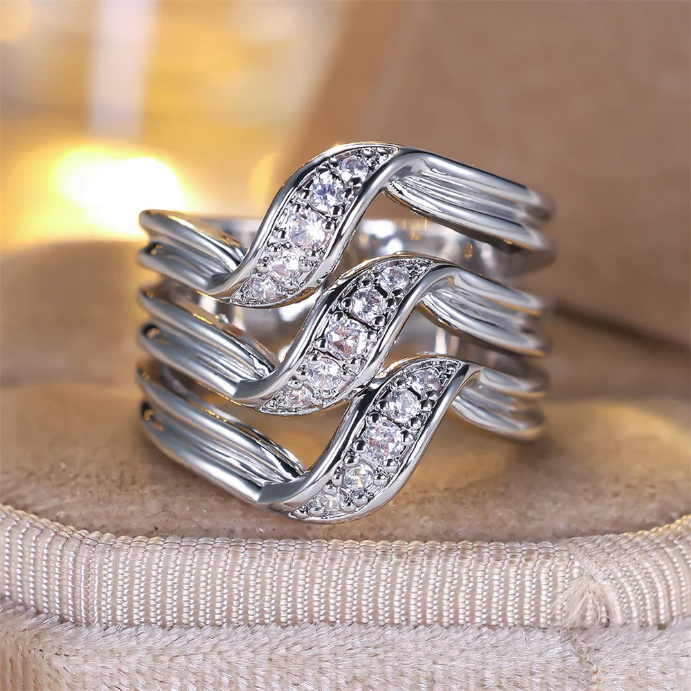 Bagues en pierre de cristal trois couches avec zircon blanc pour femme, bague de fiançailles couleur argent tendance, bijoux de mariage, cadeau polyvalent pour mariée