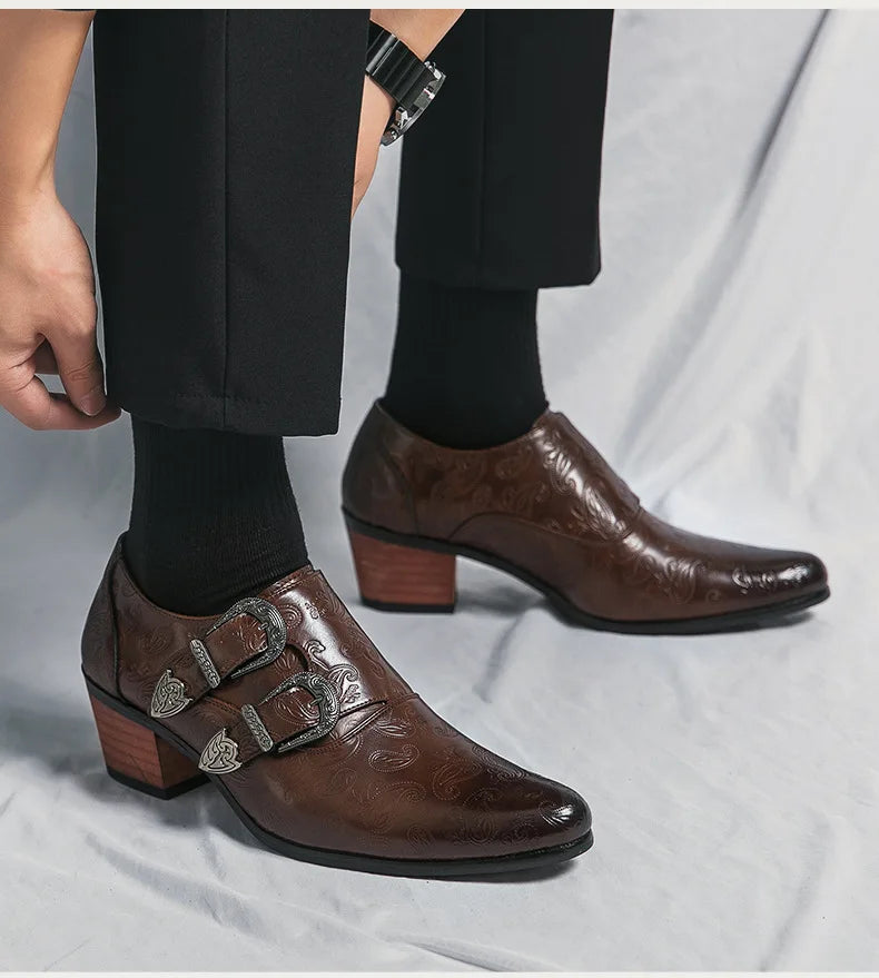 Chaussures de mariage pour hommes Tendance Coupe ajustée Pointues Talon haut Chaussures à enfiler Respirantes en cuir Chaussures habillées classiques vintage pour hommes