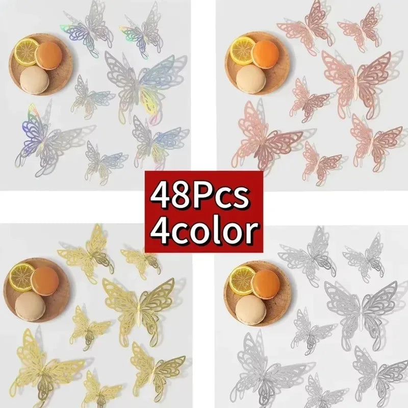 48pcs Gold Silver Hollow Butterfly Wall Stickers 3D Butterflies Bedroom Living Room Home Decoration Applique Wedding Decor