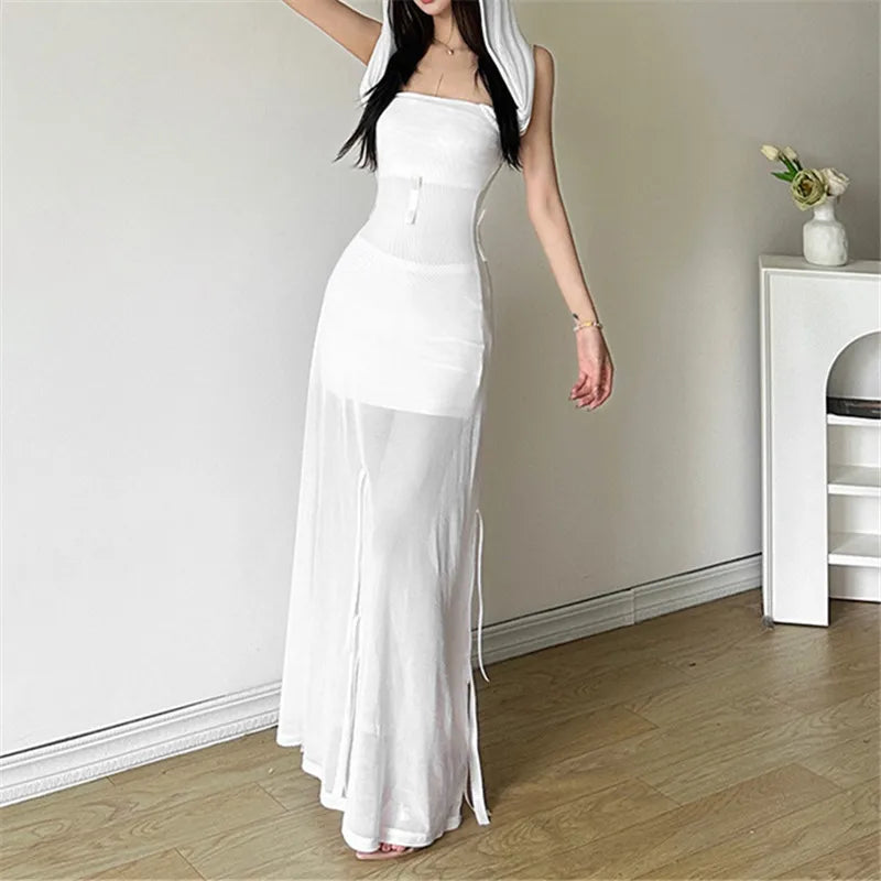 Goth Dark Fairycore Diverse Dressing Styles Partywear Sexy Strapless Hooded Long Dress Gothic Cute Bow Mesh Slim Bodycon Dresses