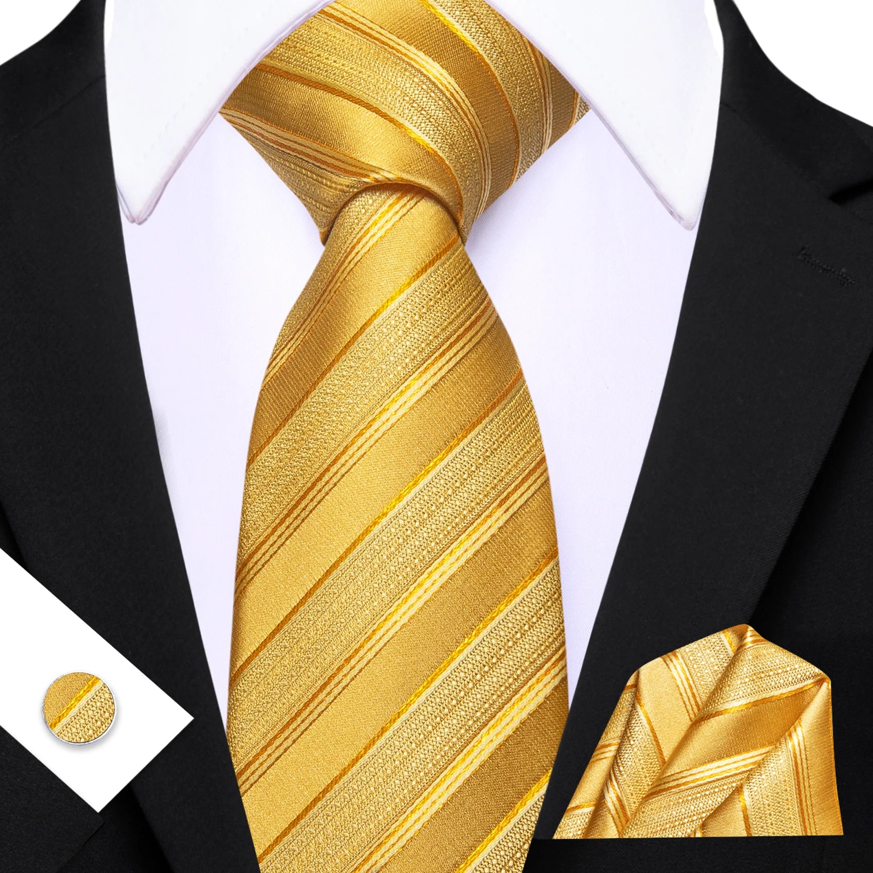 Barry.Wang Cravate Jacquard Or et Jaune pour Homme avec Mouchoir de Poche et Boutons de Manchette, Cravate Exquise pour Mariage et Affaires