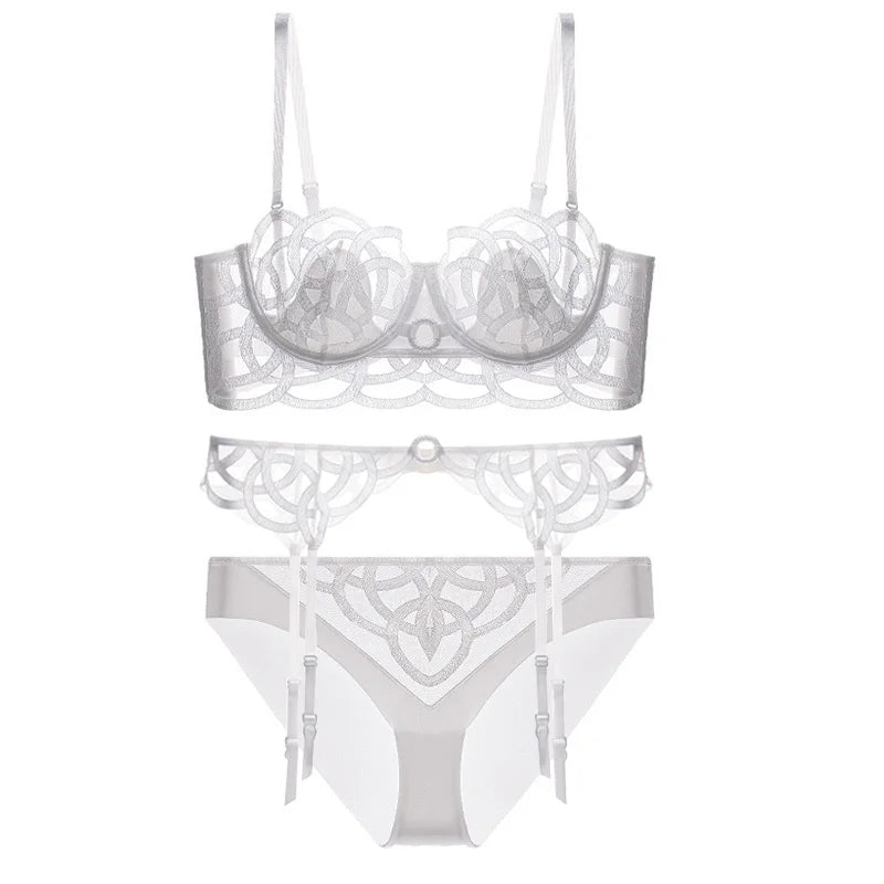 CINOON Lingerie sexy brodée pour femme Ensemble soutien-gorge push-up en dentelle fine et transparente + porte-jarretelles + string, ensemble de 3 pièces de lingerie française
