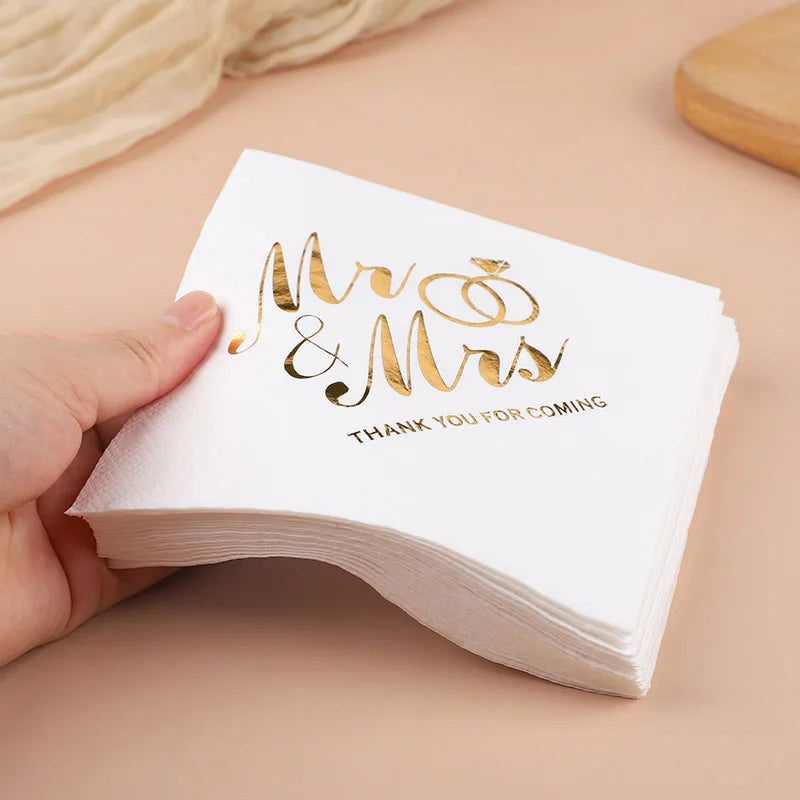 20/60/100 Pièces Serviettes de Mariage Dorées Mr Mrs Serviettes en Papier pour Décoration de Table de Dessert de Mariage Fournitures de Fête Prénuptiale