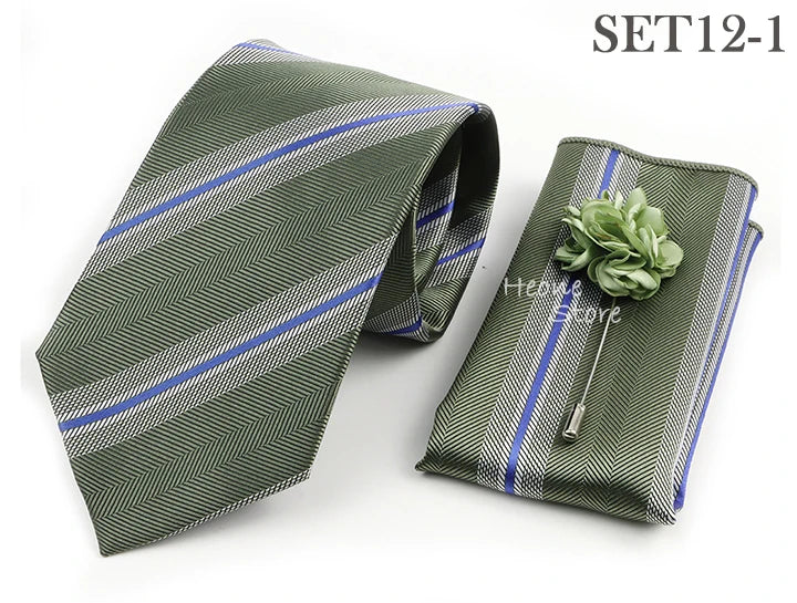 Men's Striped Necktie, Pocket Square & Brooch Set | Groom & Groomsmen Wedding Accessory