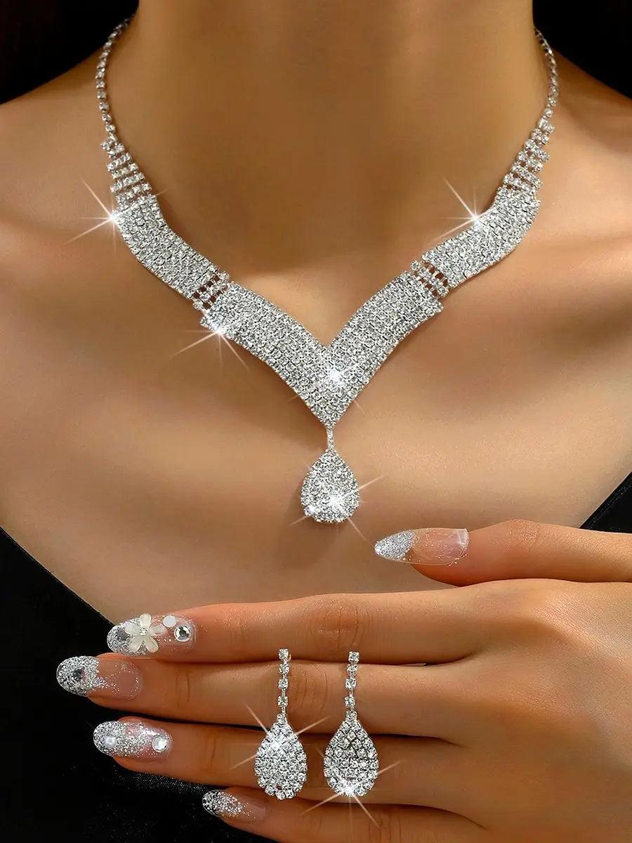 Parure collier et boucles d'oreilles goutte d'eau en strass – 3 pièces, bijoux de mariée