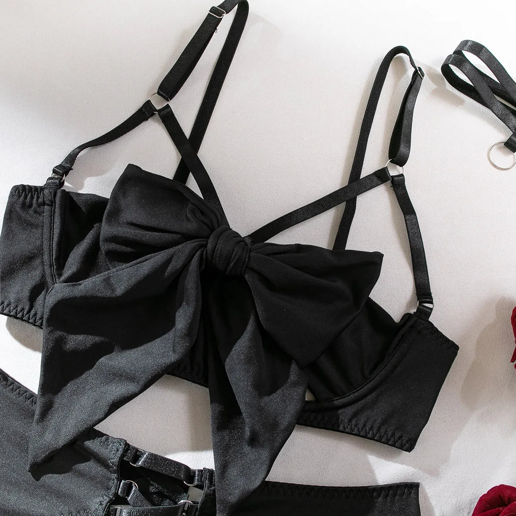 Ensemble de lingerie sexy - Soutien-gorge à nœud, Ensemble de soutien-gorge noir tentation, Ensemble quatre pièces sous-vêtements femme avec ceinture et découpes, Nuisette érotique