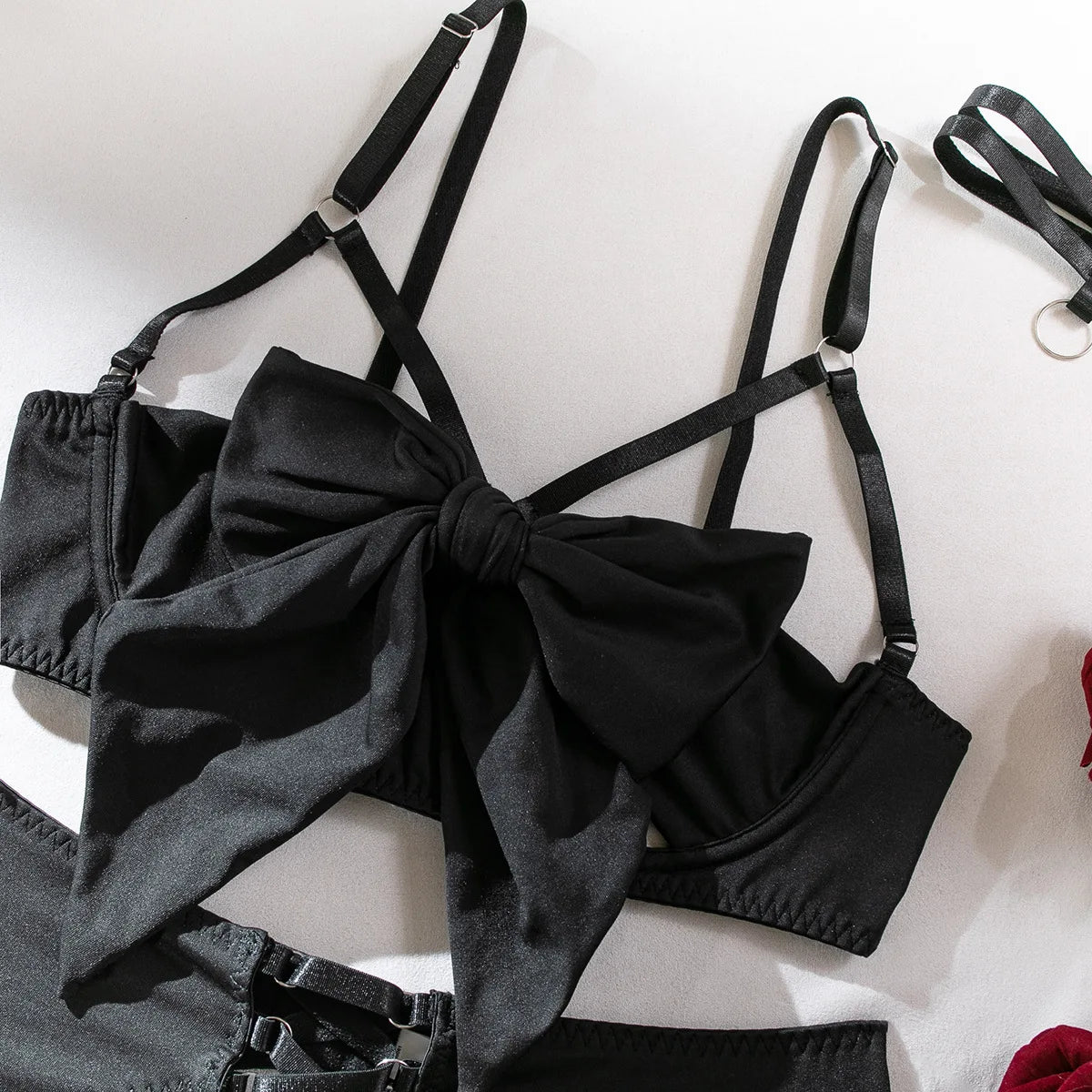 Ensemble de lingerie sexy - Soutien-gorge à nœud, Ensemble de soutien-gorge noir tentation, Ensemble quatre pièces sous-vêtements femme avec ceinture et découpes, Nuisette érotique