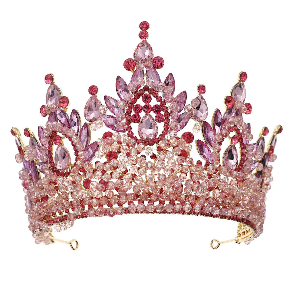 Accessoires de cheveux de mariage colorés roses, coiffe de concours de beauté, diadème de mariée Fait à la main en CRISTAL coloré avec perles
