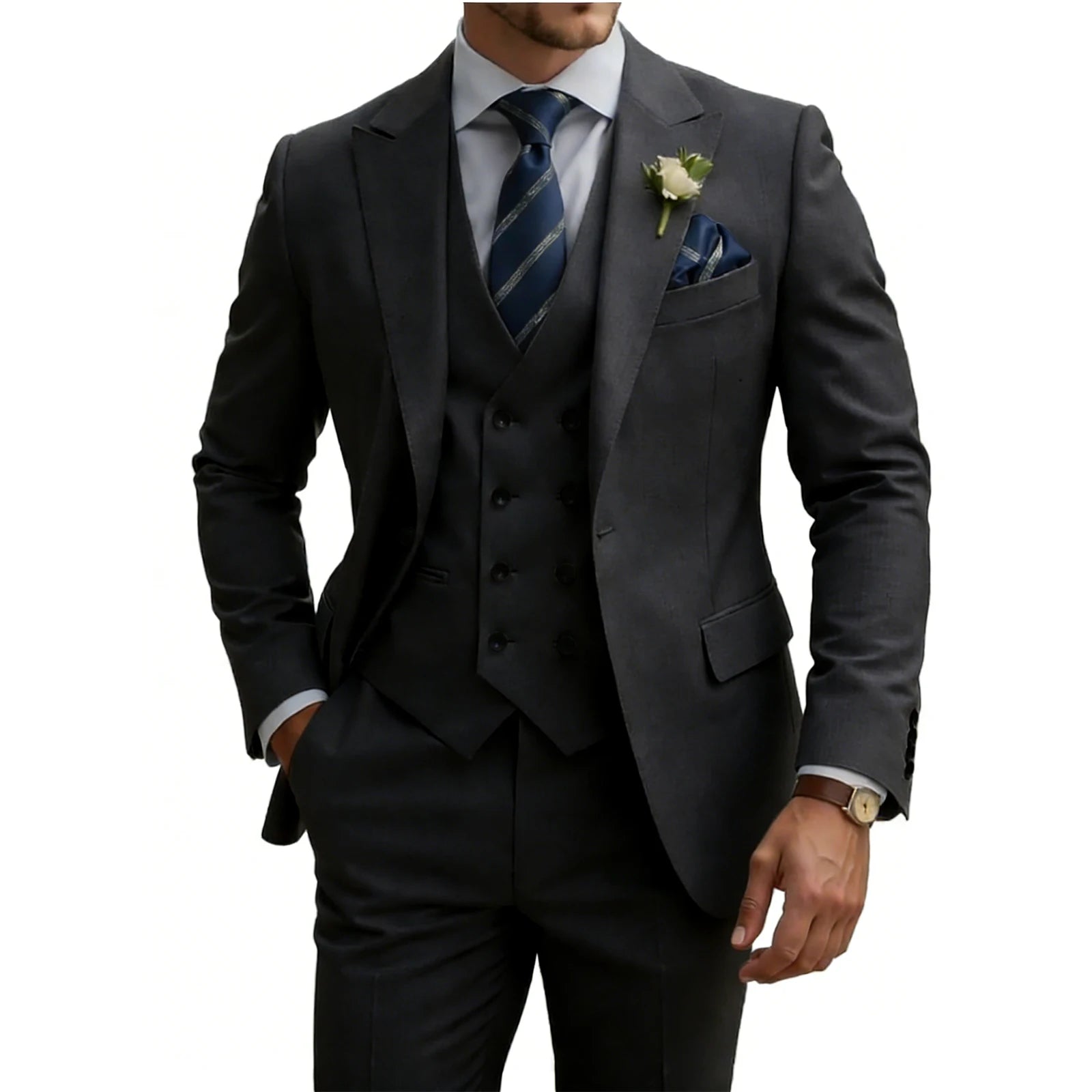 Costume 3 Pièces Slim Fit Homme Double Boutonnage Mariage Bal de Promo Costumes Formels Affaires Dîner Smoking
