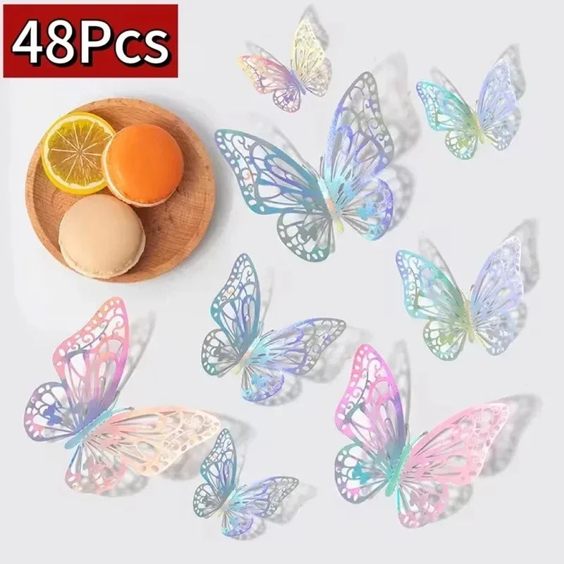 48 autocollants muraux papillons creux dorés et argentés, papillons 3D, pour chambre à coucher, salon, décoration de maison, applique, décoration de mariage