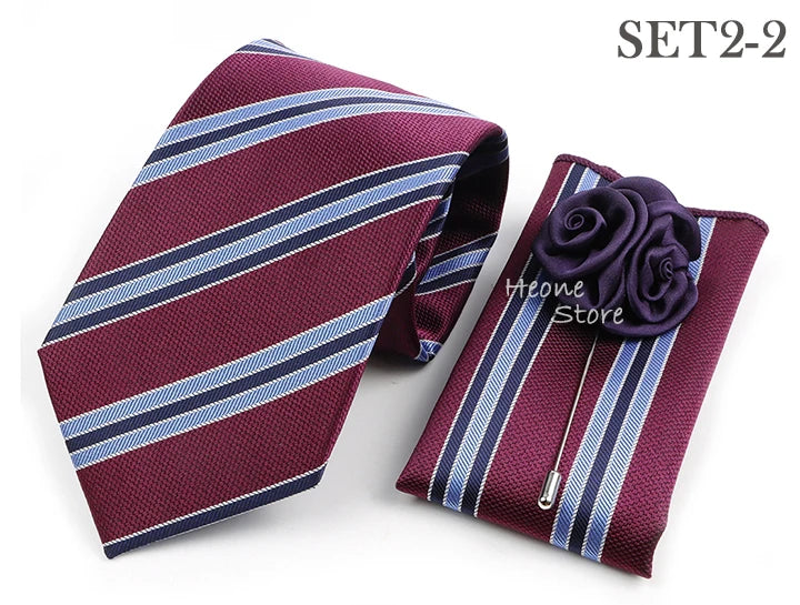 Men's Striped Necktie, Pocket Square & Brooch Set | Groom & Groomsmen Wedding Accessory