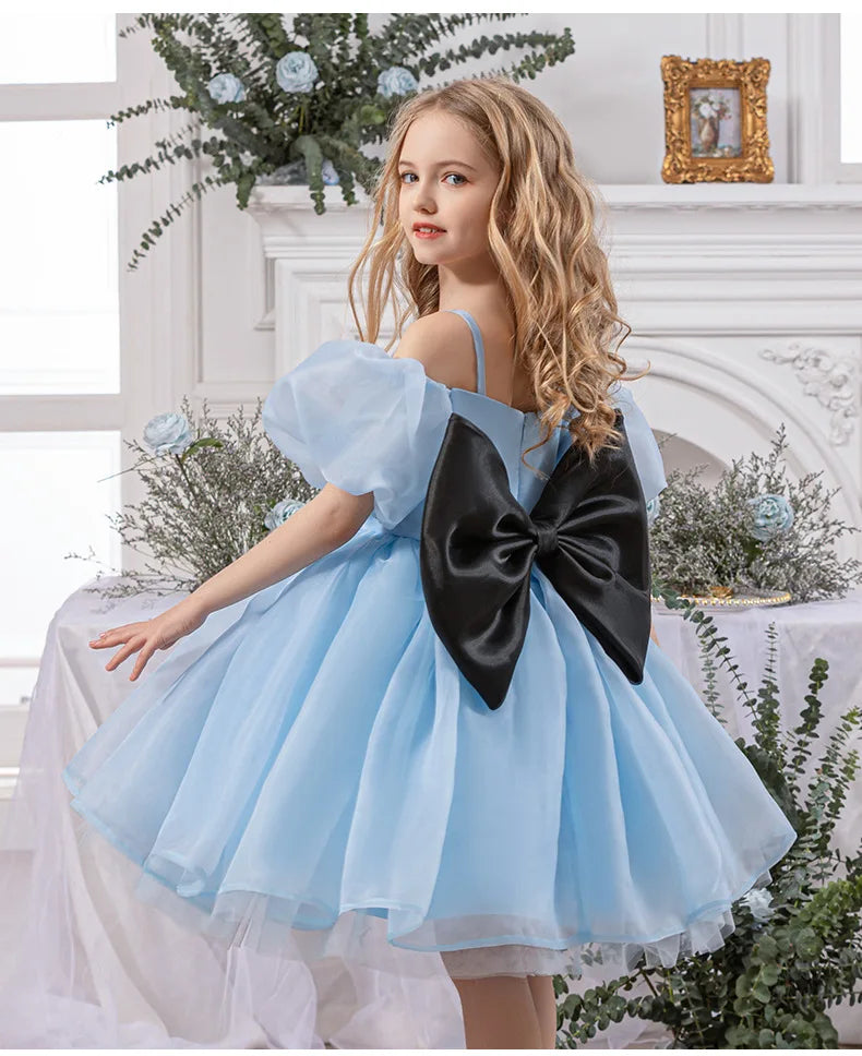 Robe gothique noire pour bébé fille de 4 à 8 ans, pour occasions formelles, manches bouffantes, robe de princesse pour fête d'anniversaire d'enfants avec nœud rose élégant