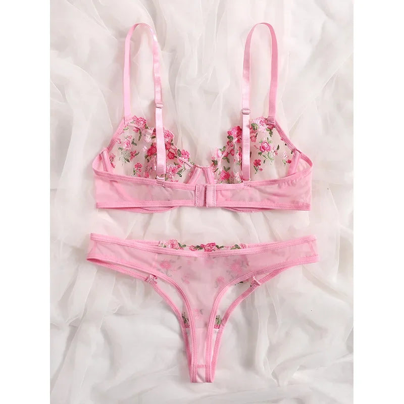 Lingerie Sexy Broderie Florale Sous-Vêtements Dentelle Transparente Court Kits de Soins de la Peau Ensemble Fée Délicate Femme 2 Pièces