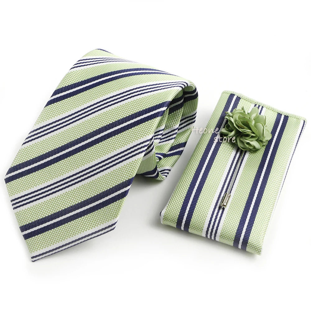 Men's Striped Necktie, Pocket Square & Brooch Set | Groom & Groomsmen Wedding Accessory