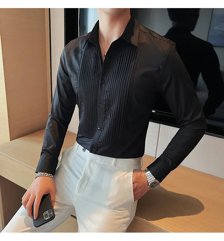 Men's Pleated Tuxedo Dress Shirt – Slim Fit Groom & Groomsmen Wedding Shirt