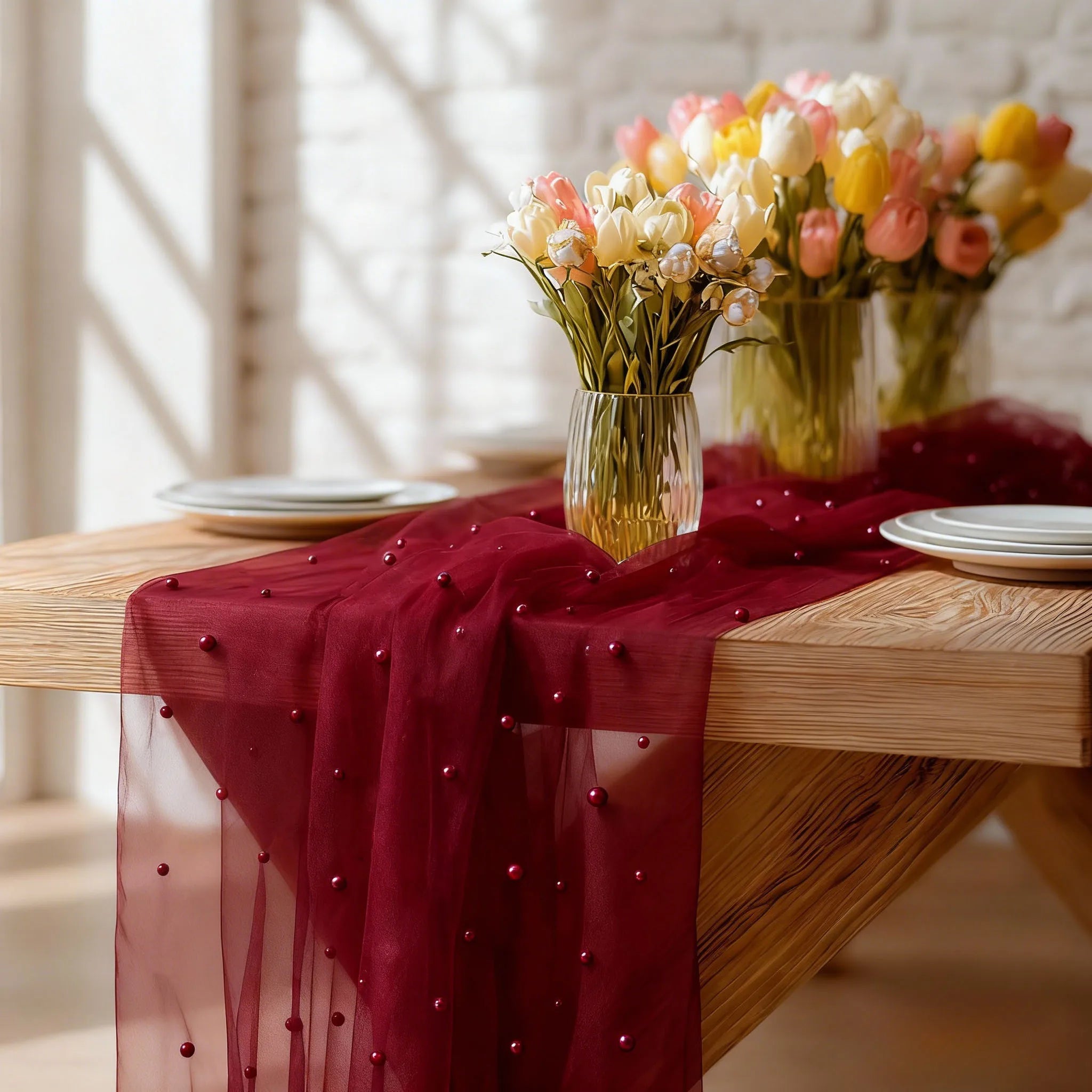 Lot de 2 chemins de table en tulle bordeaux avec perles, élégants, idéaux pour les mariages, les fêtes de Noël et autres événements.