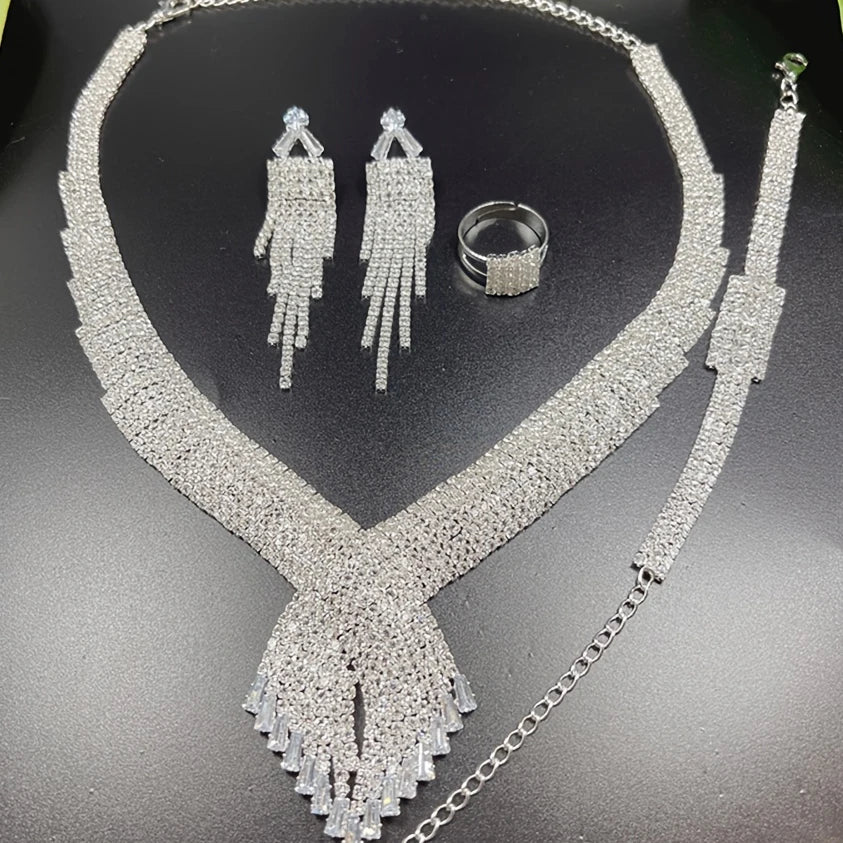 Luxury Tassel Rhinestone 4-Piece Bridal Jewelry Set — Necklace, Earrings, Ring & Bracelet