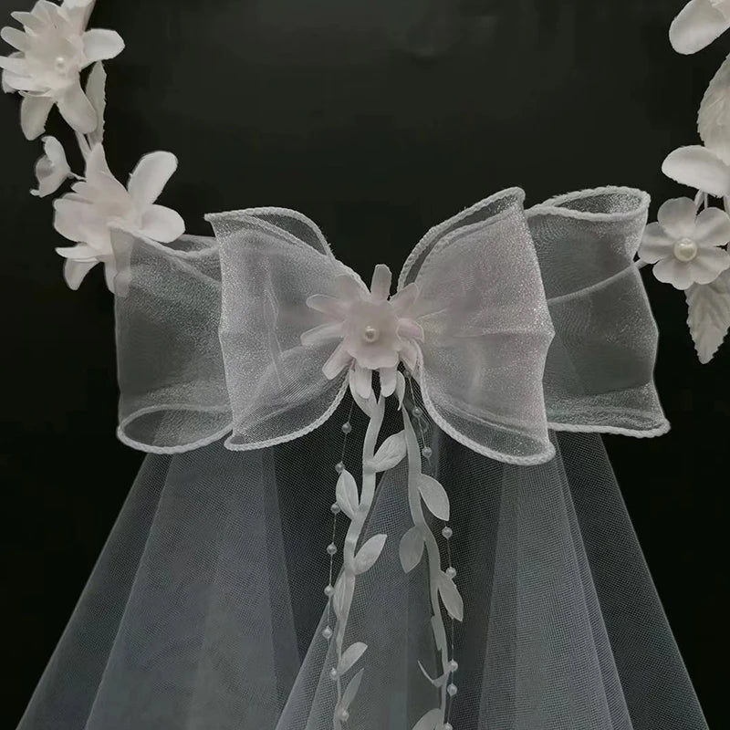 Voile de Couronne de Mariée Élégant Blanc Européen et Américain Bandeau pour Femmes Nœud de Mariage Couronne de Fête Accessoire de Cheveux
