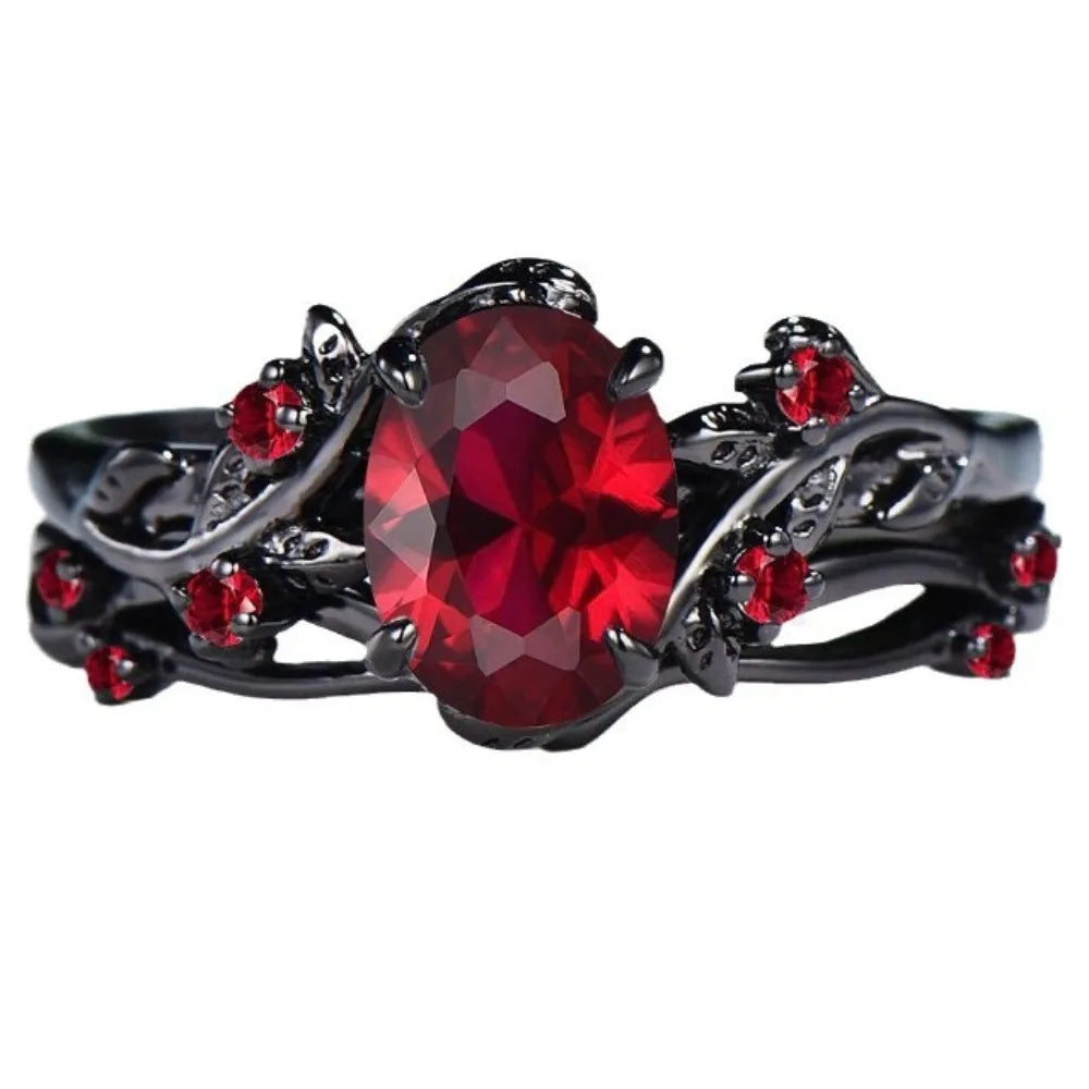 Bague gothique rétro en forme de fleur de rose noire avec branches croisées et cristal rouge, pour femme et homme, bijou de couple, cadeau