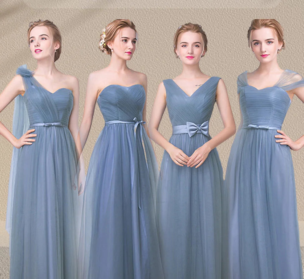Élégante Robe de Demoiselle d'honneur Gris Bleu Simple 4 styles sans Manches Femme Classique Tulle Ceinture Satin Lacets Nœud Robe de Bal Ligne A