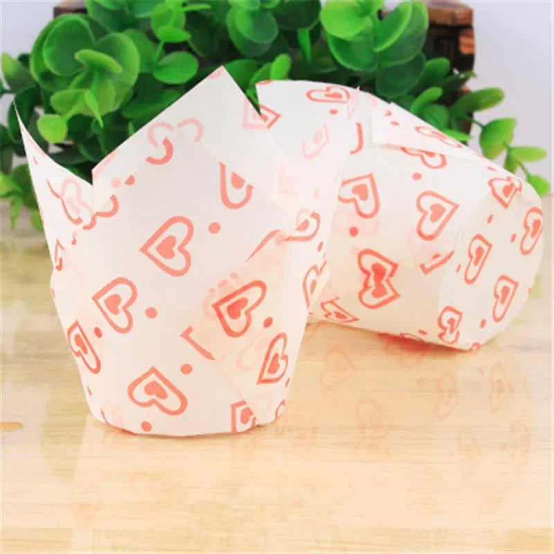 50x caissettes à cupcake de style journal, pour pâtisserie, mariage, caissettes tulipe, moule à muffins, papier sulfurisé, emballage de gâteau résistant à l'huile