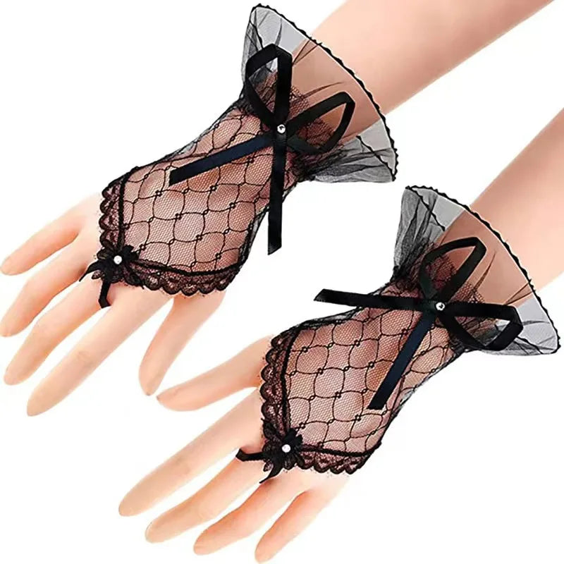 Gothic Short Black Gloves Female Harajuku Lace Bridal Wedding Halloween Lolita Dress Net Gauze Bow Hand Sleeve Fishnet Gloves