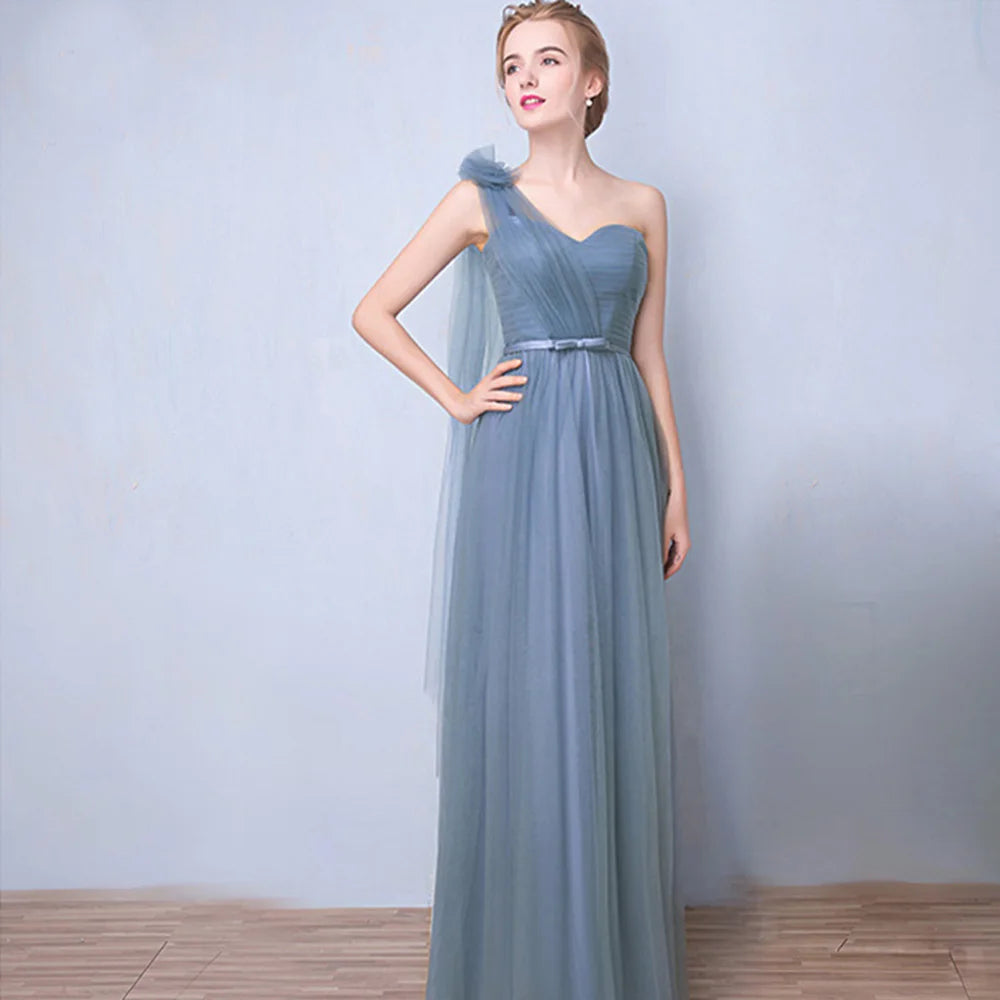 Élégante Robe de Demoiselle d'honneur Gris Bleu Simple 4 styles sans Manches Femme Classique Tulle Ceinture Satin Lacets Nœud Robe de Bal Ligne A