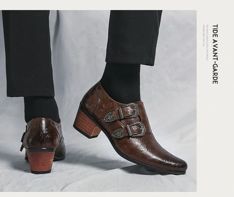 Chaussures de mariage pour hommes Tendance Coupe ajustée Pointues Talon haut Chaussures à enfiler Respirantes en cuir Chaussures habillées classiques vintage pour hommes
