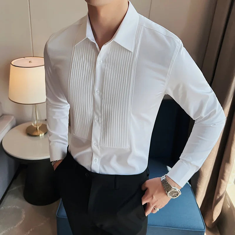 Men's Pleated Tuxedo Dress Shirt – Slim Fit Groom & Groomsmen Wedding Shirt