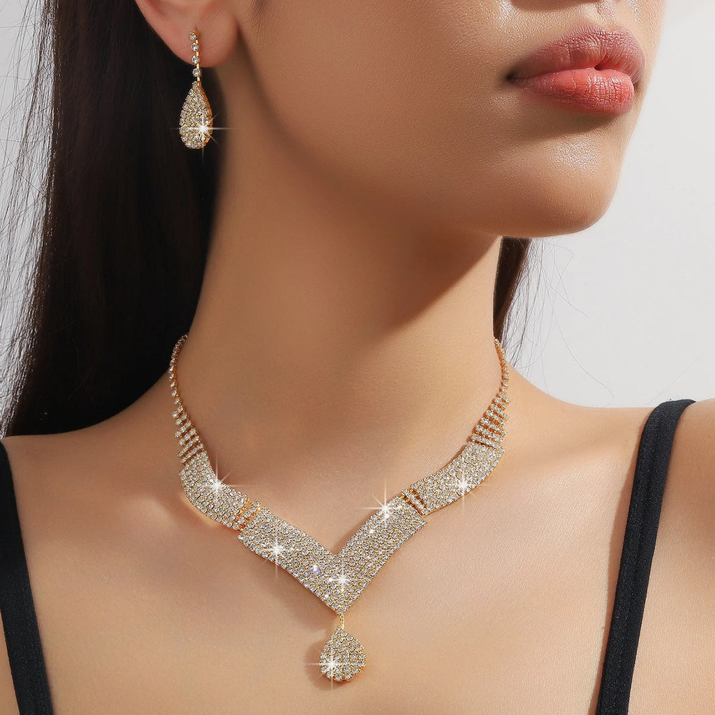 Parure collier et boucles d'oreilles goutte d'eau en strass – 3 pièces, bijoux de mariée