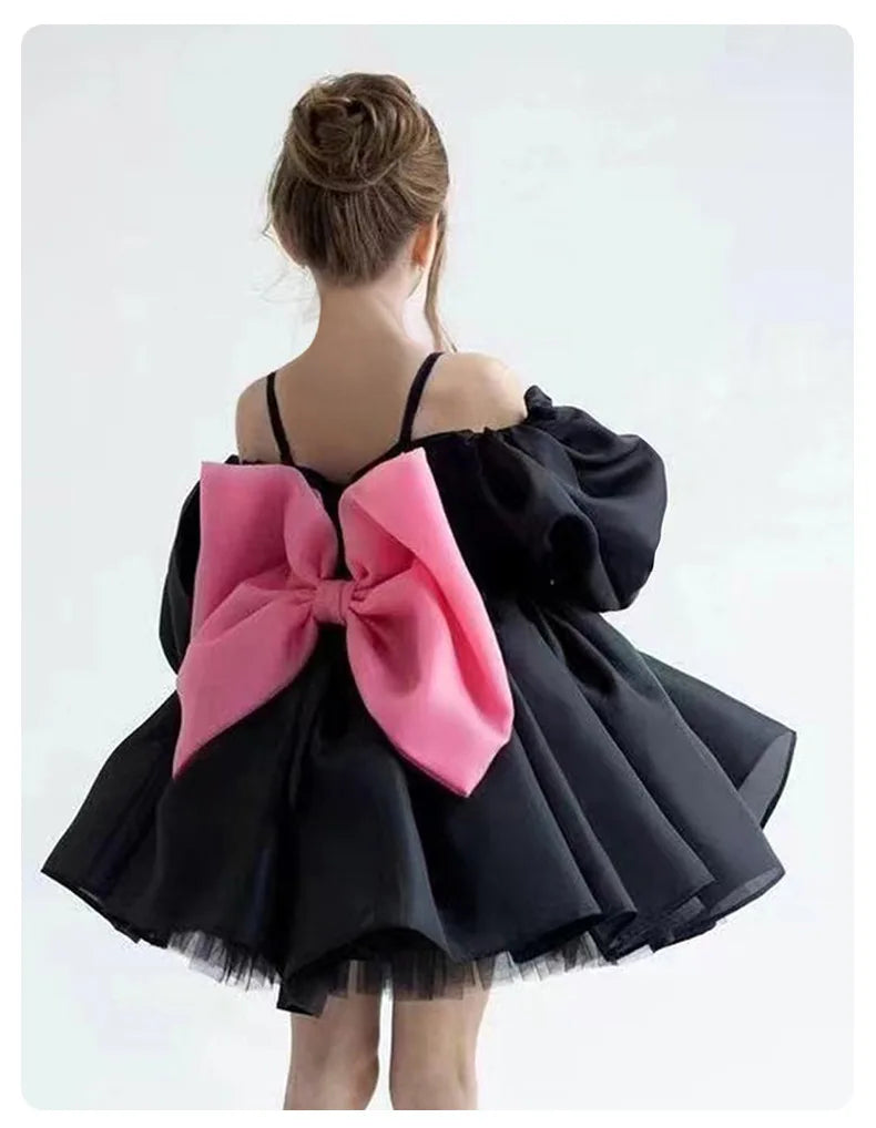 Robe gothique noire pour bébé fille de 4 à 8 ans, pour occasions formelles, manches bouffantes, robe de princesse pour fête d'anniversaire d'enfants avec nœud rose élégant