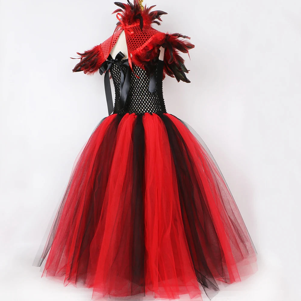 Robe Tutu en Tulle Reine Maléfique Sorcière Vampire Démon Gothique pour Filles, Robe Longue de Fête de Carnaval d'Halloween pour Enfants, Tenues de Déguisement