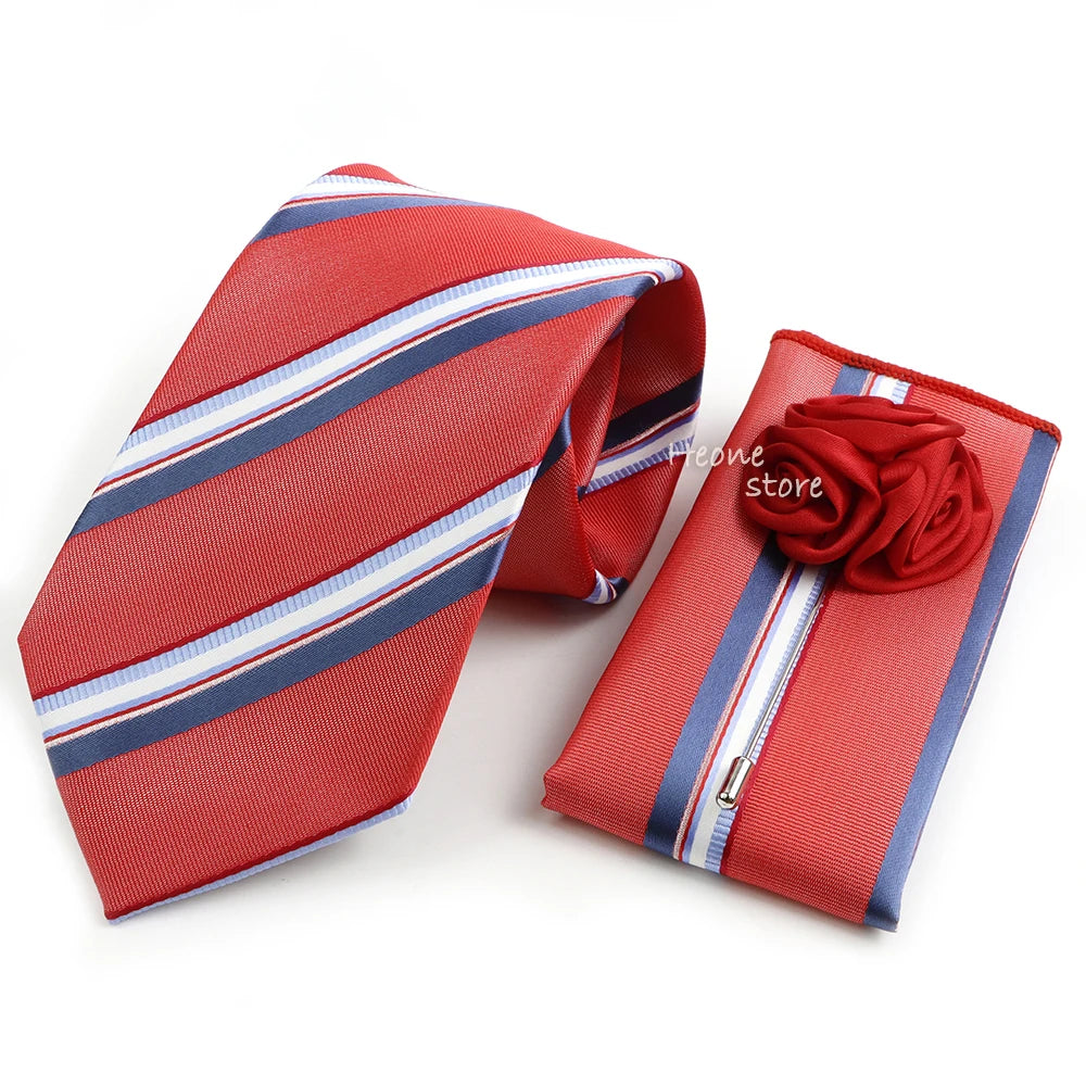 Men's Striped Necktie, Pocket Square & Brooch Set | Groom & Groomsmen Wedding Accessory