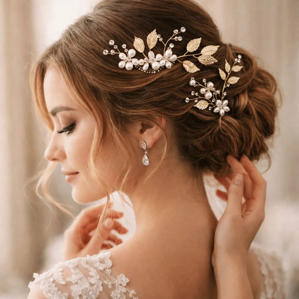 4Pcs Sets Pearl Wedding Hair Accessories Elegant Vintage Leaf Shaped Tiaras Handmade Bride Insert Hair Clip Bride Accessories