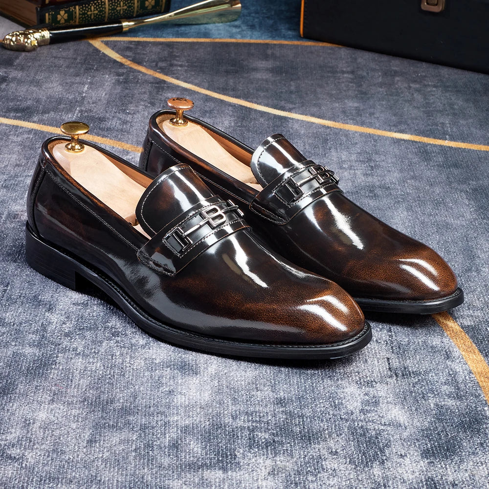 chaussures de ville pour homme en cuir verni, style mocassins marron à bout pointu, idéales pour un mariage, chaussures de marque, mocassins d'été tendance, chaussures à la mode
