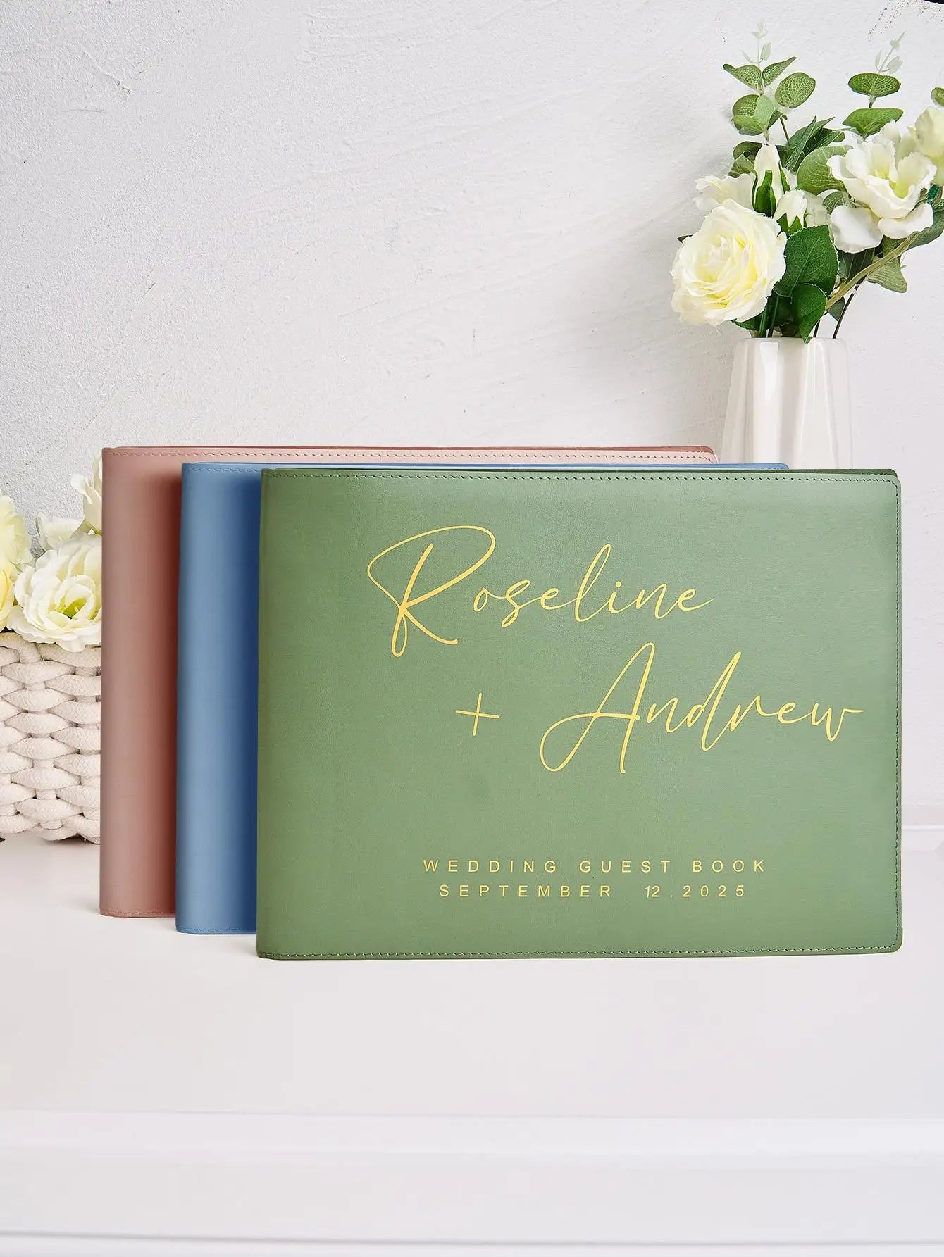 Custom Wedding Guest Book Personalized Name & Date 12.4x9.25 Inch Pink/Sky Blue/Green Unique Gift for Couples