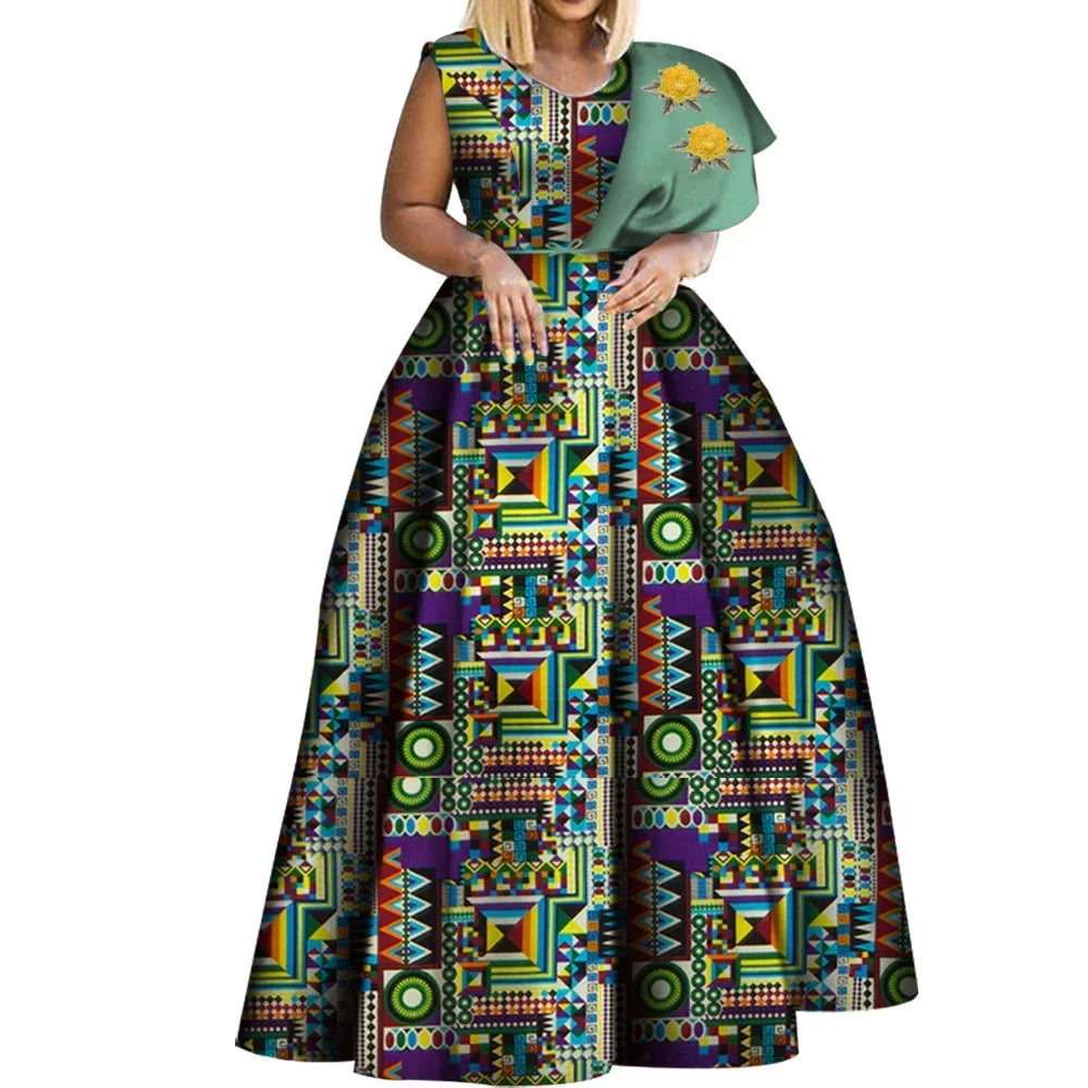 Bintarealwax Robes africaines Dashiki imprimées Bazin Robe de soirée asymétrique Robes africaines grande taille pour femmes WY3834